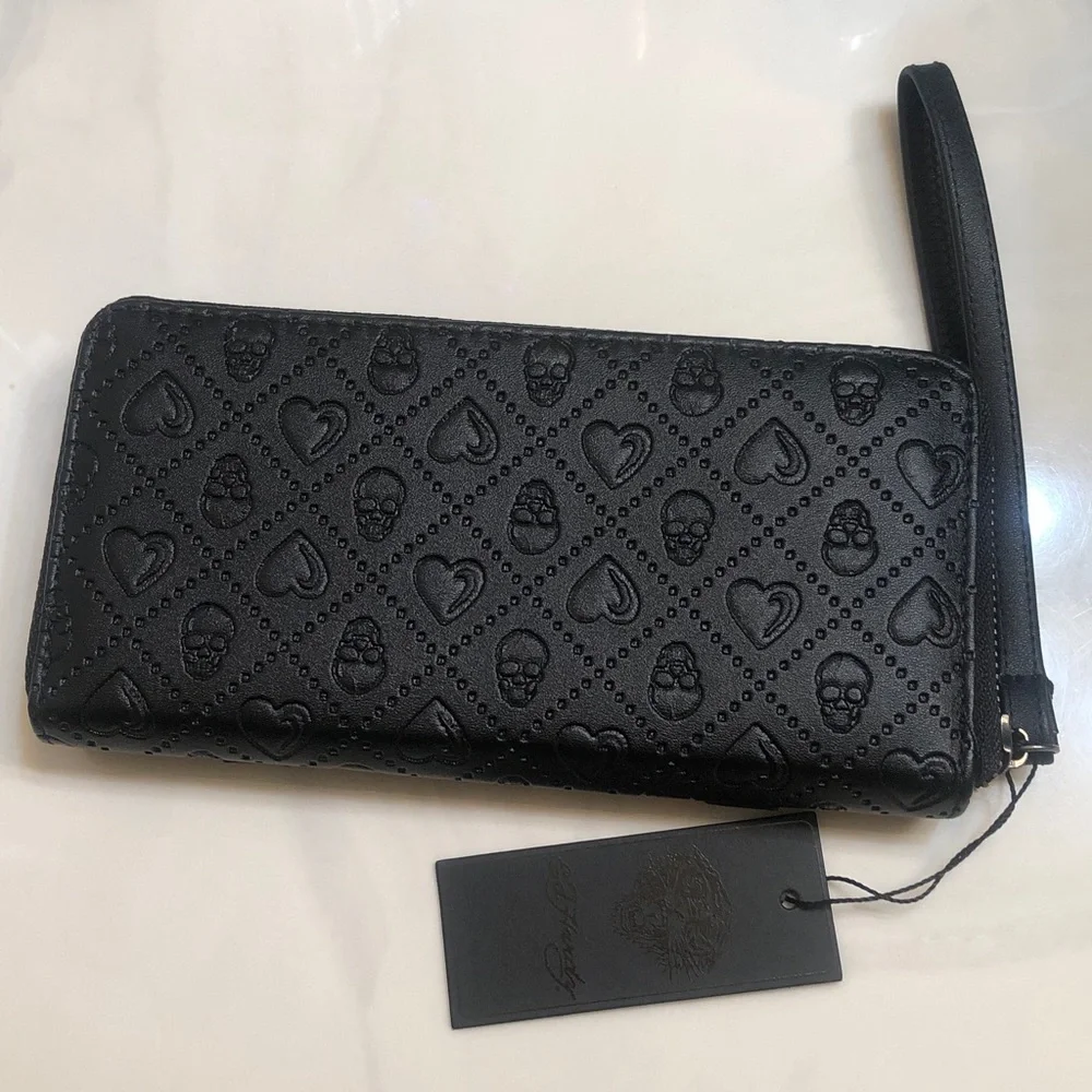 Ed Hardy Black Faux Leather ZA Wallet Embossed Skull & Heart Pattern NWT - Picture 8 of 16